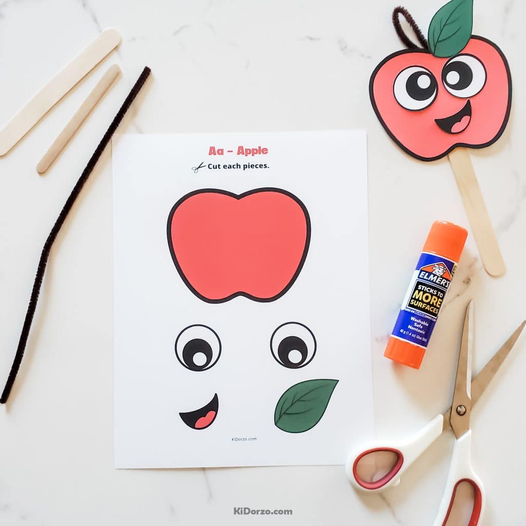 KiDorzo Letter A apple craft Free printable template colored version